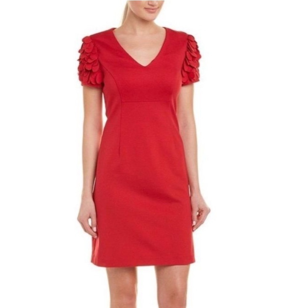 Trina Turk red v-neck appliqué dress statement sleeve petal